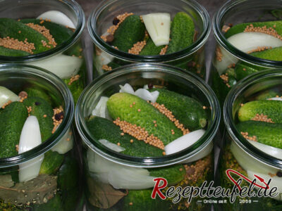 Die in Gläser geschichteten Gurken mit den Gewürzen von oben